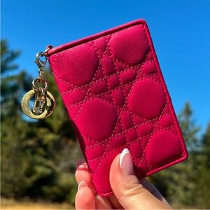 Dior Hot Pink Quilted Card Holder with Gold Charm